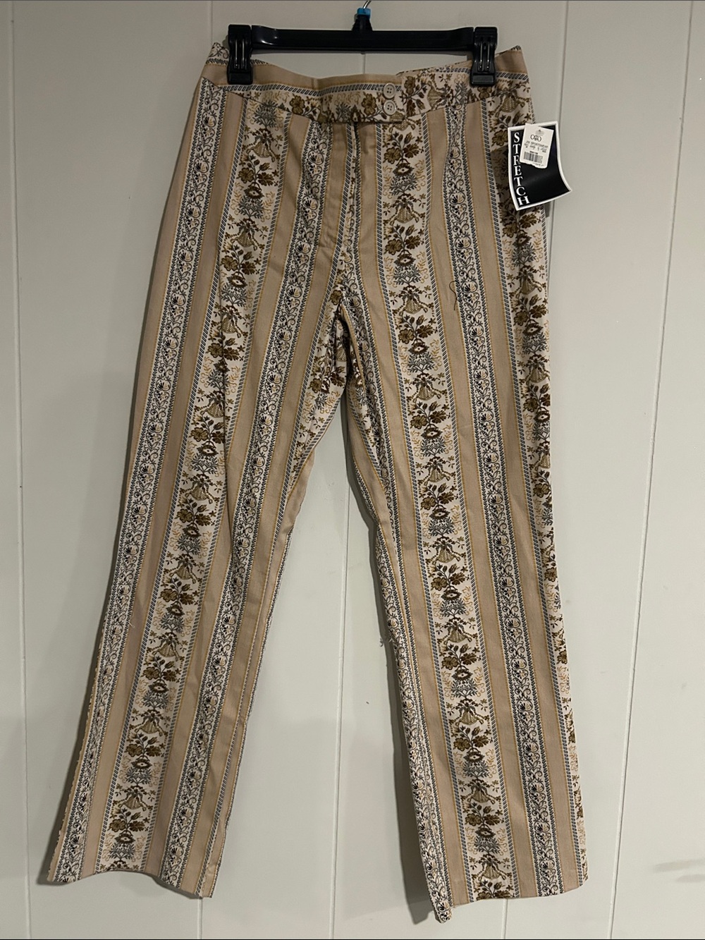 Straight-Leg Floral Stripe Pants in Beige